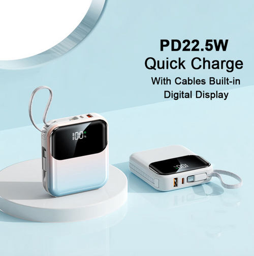 10000mAh Compact Power Bank with Built-In Cable