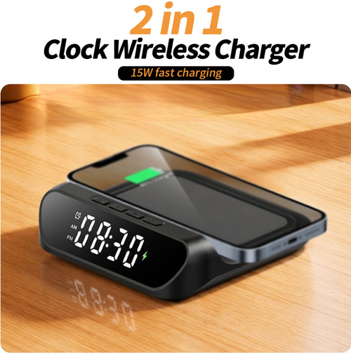 2-in-1 Minimalist Desk Phone Holder with Digital Alarm Clock & 15W Wireless Charger