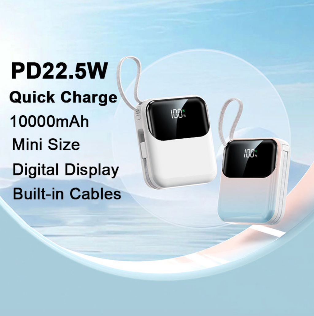 10000mAh Compact Power Bank with Built-In Cable